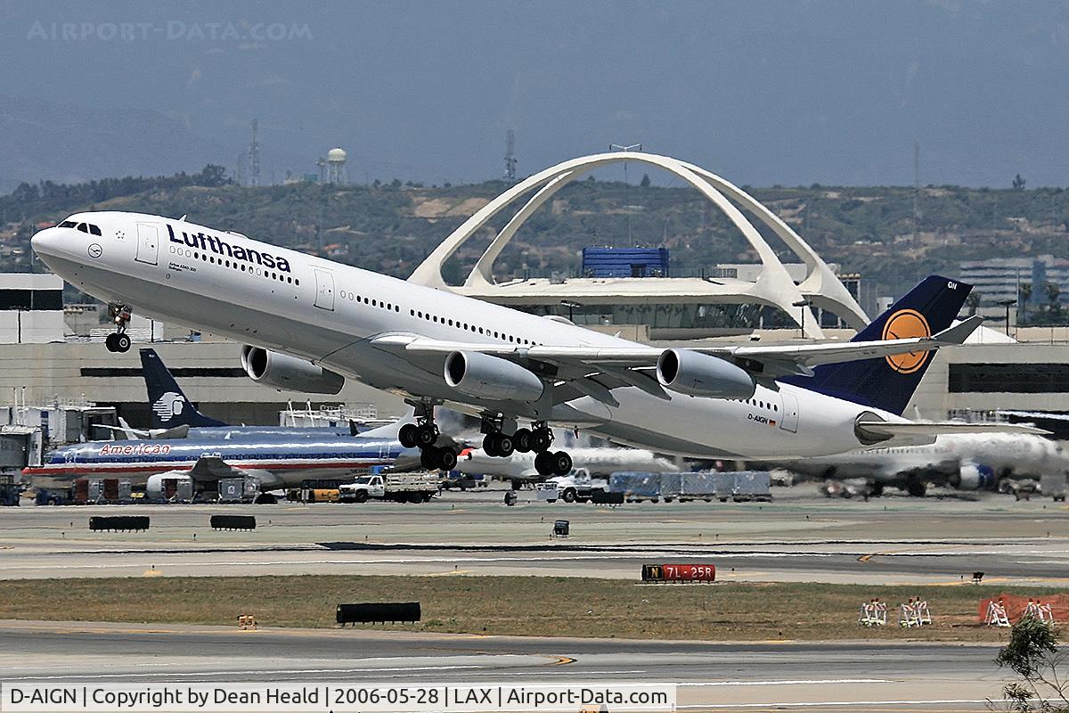 D-AIGN, 1998 Airbus A340-313 C/N 213, Lufthansa D-AIGN (FLT DLH4T3) departing RWY 25R enroute to Munchen (EDDM), Germany.