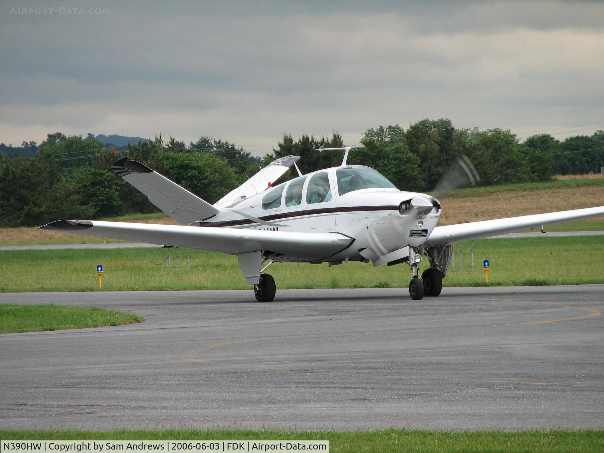 N390HW, 1967 Beech V35A Bonanza C/N D-8608, Horan West Aviation 1967 V35A just arriving at the AOPA Fly-in from Princeton, NJ (39N).  Look at the anticipation on on the passengers faces.