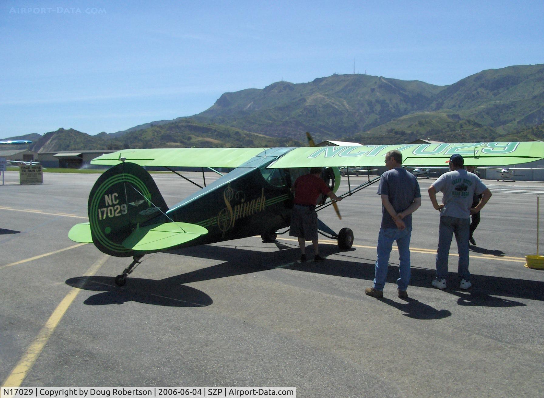 N17029, 1936 Porterfield 35-70 Flyabout C/N 229, 1936 Porterfield 35-70 Flyabout, 'Spinach', LeBlond 70 Hp 5 cylinder radial engine, two place tandem seating cabin monoplane. Once owned/flown by the late actor Robert Cummings.