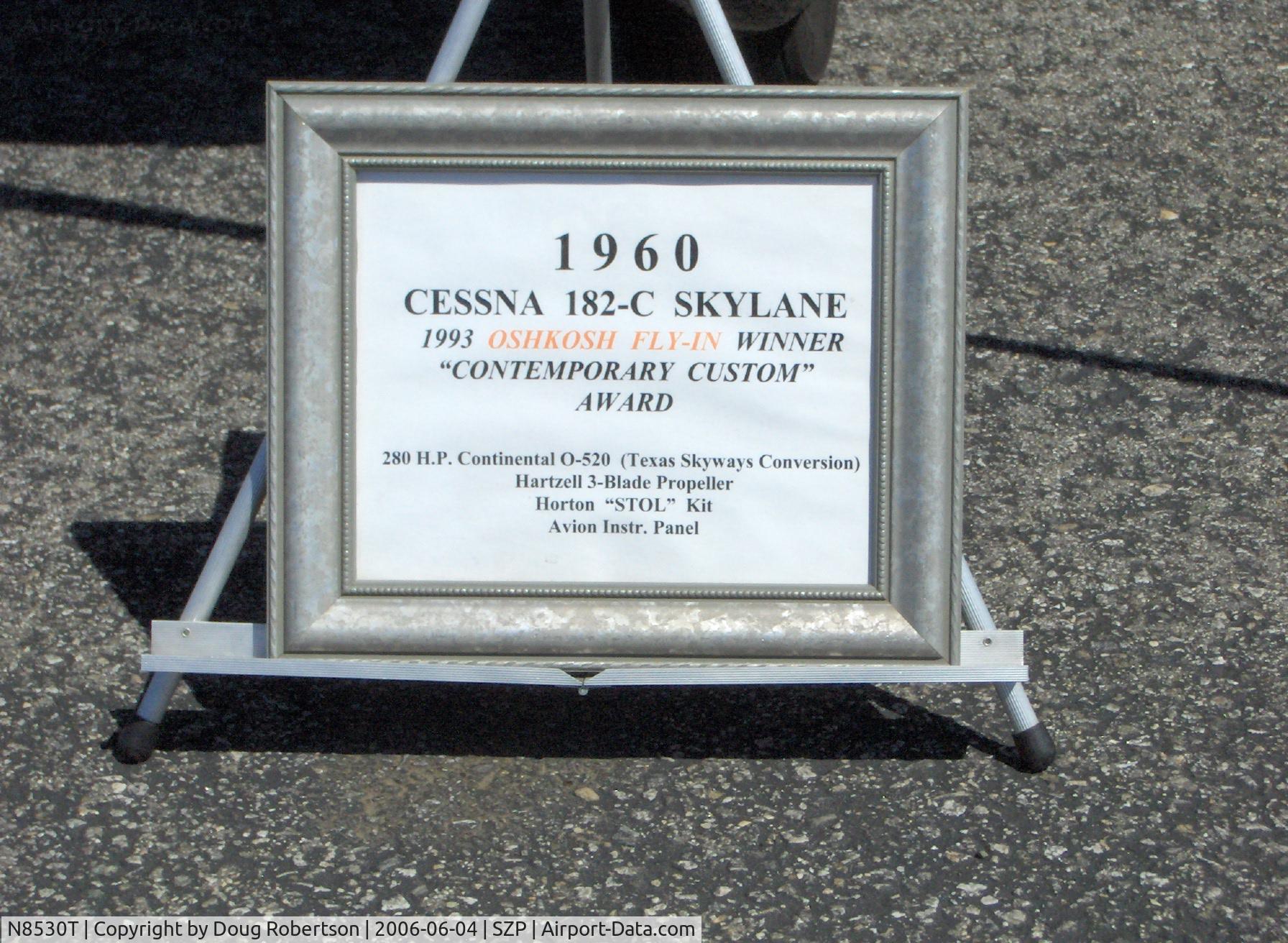 N8530T, 1959 Cessna 182C Skylane C/N 52430, 1959 Cessna 182C SKYLANE, Continental IO-550 upgrade conversion, EAA Winner-1993 Contemporary Custom Award (Aircraft is actually a 1959 model)