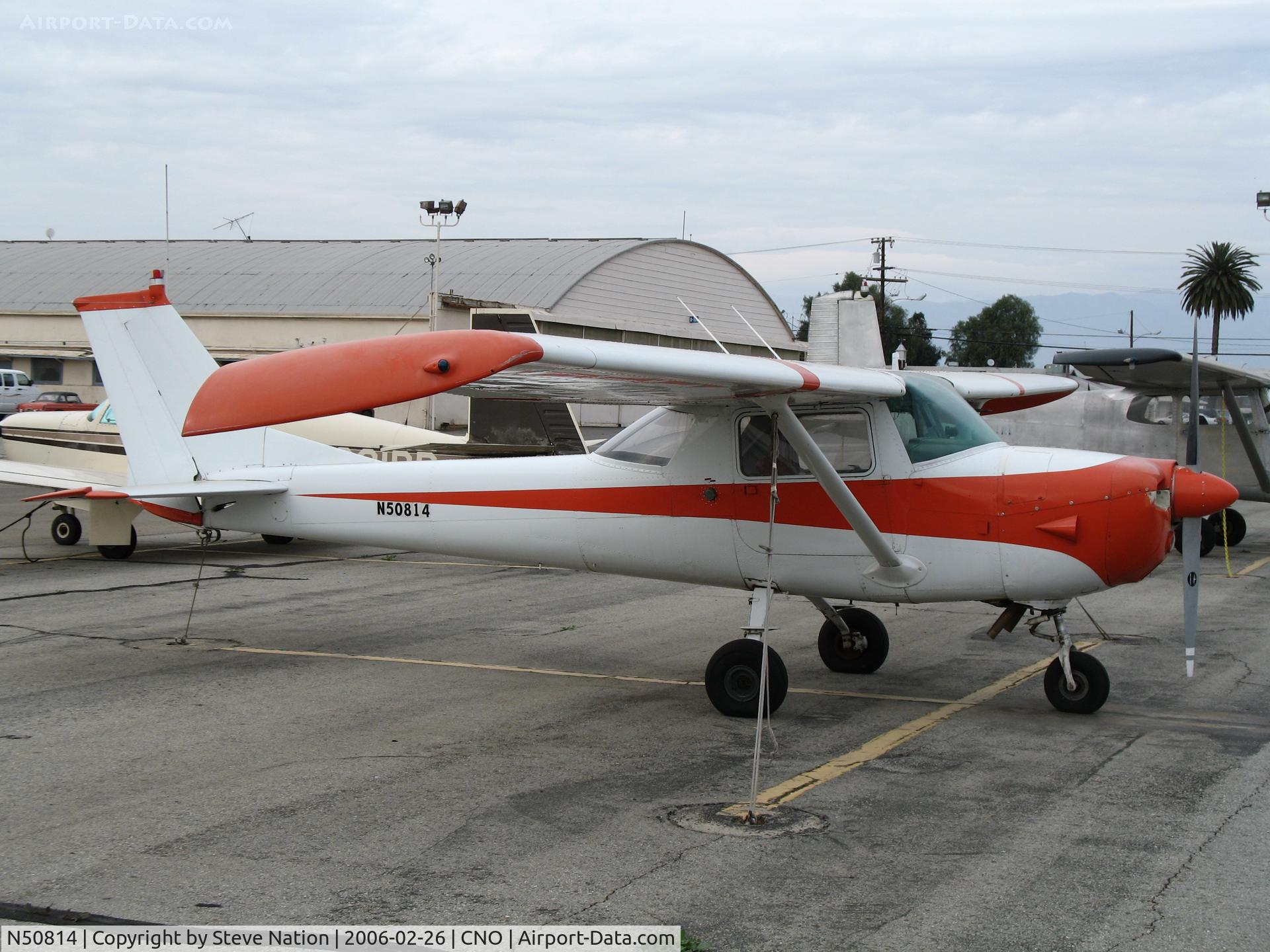 N50814, 1968 Cessna 150J C/N 15069569, 1968 Cessna 150J @ Chino Municipal Airport, CA.  Aircraft was destroyed on December 31, 2006 after strking runway surface at Gillespie Field, San Diego, CA while attempting to pick up tow banner.  Operated by Banner Joe Co. and pilot was fatally injured.