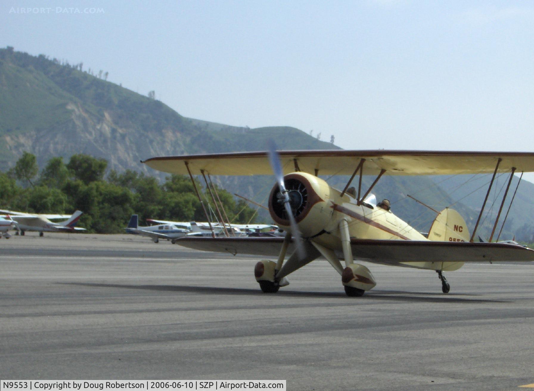 N9553, 1929 Waco ATO TAPERWING C/N A-44, NuWaco ATO TAPERWING semi-replica, Jacobs R755B 275 Hp, taxi to hangar after landing Runway 22