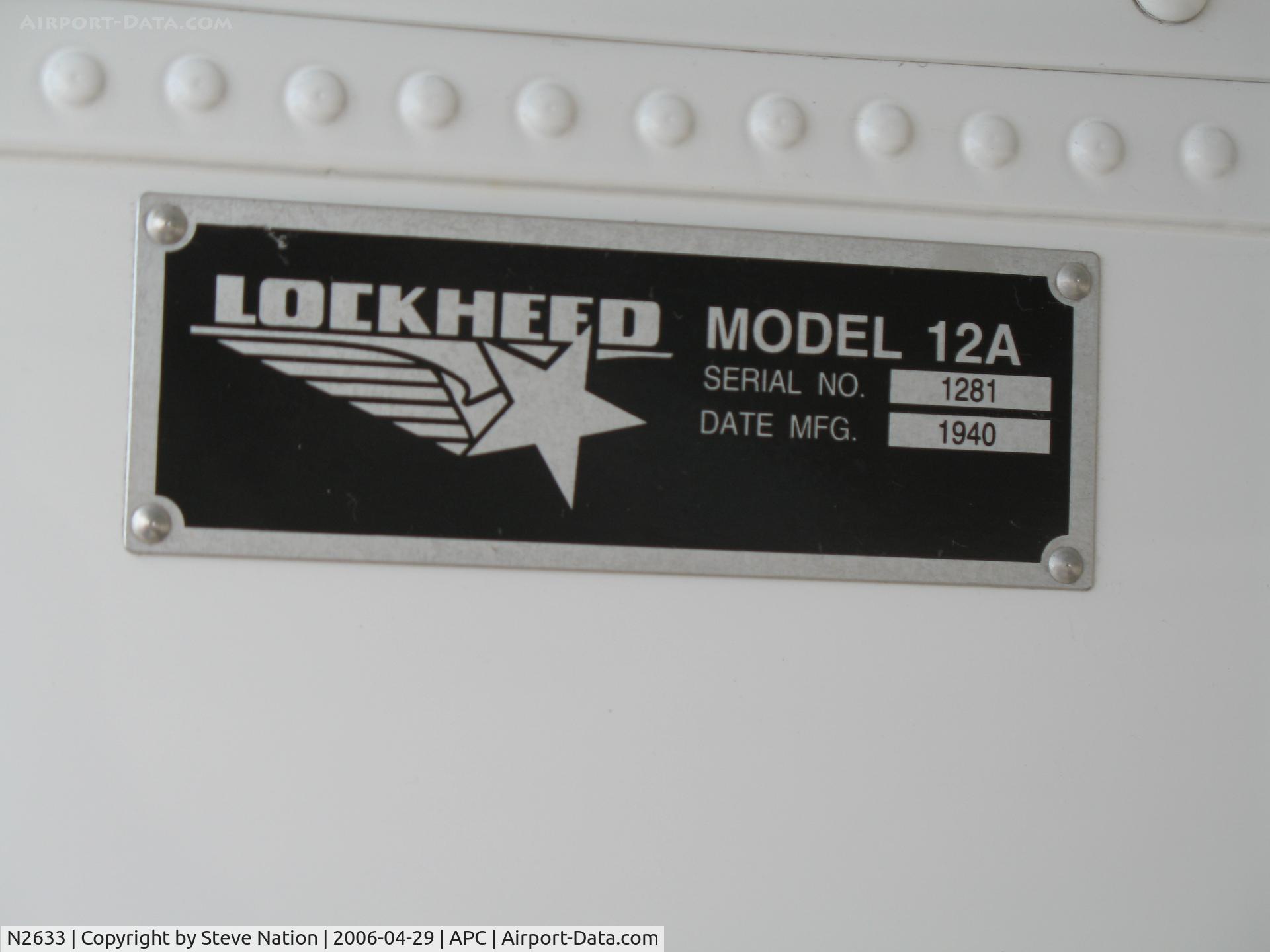 N2633, 1940 Lockheed 12A Electra Junior C/N 1281, data plate on NC2633 @ Napa County Airport, CA