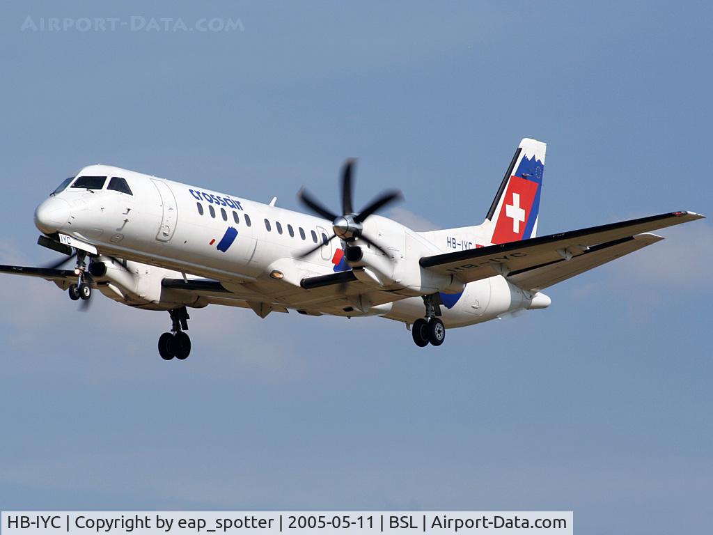 HB-IYC, 1998 Saab 2000 C/N 2000-058, on very short final for runway 34