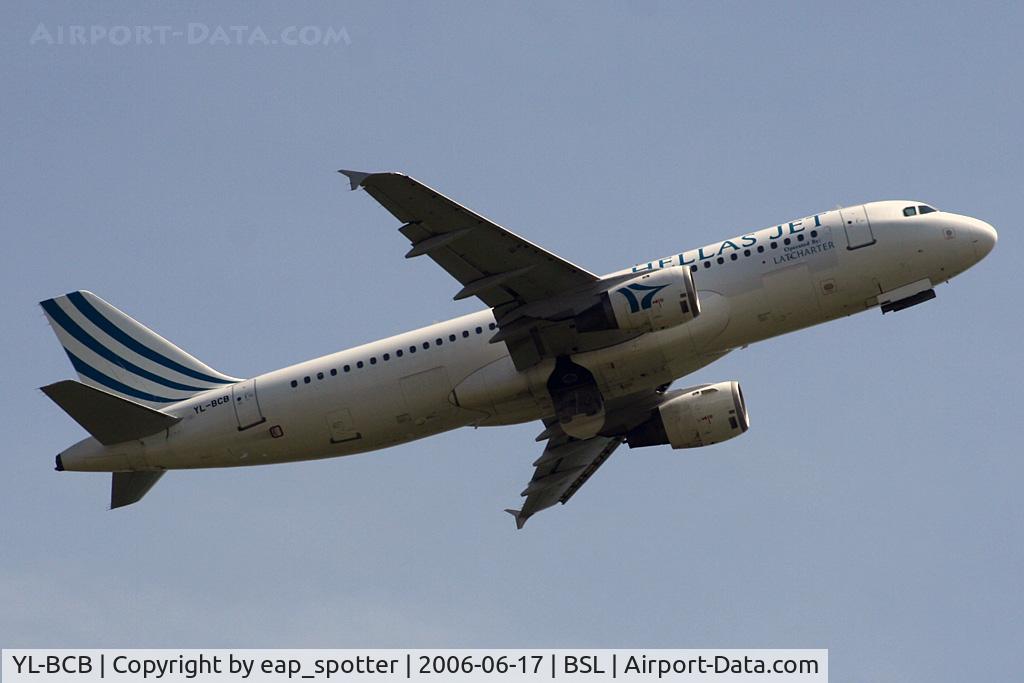 YL-BCB, 1997 Airbus A320-211 C/N 726, Leaving BSL for RHO - Greece opt by LATCHARTER