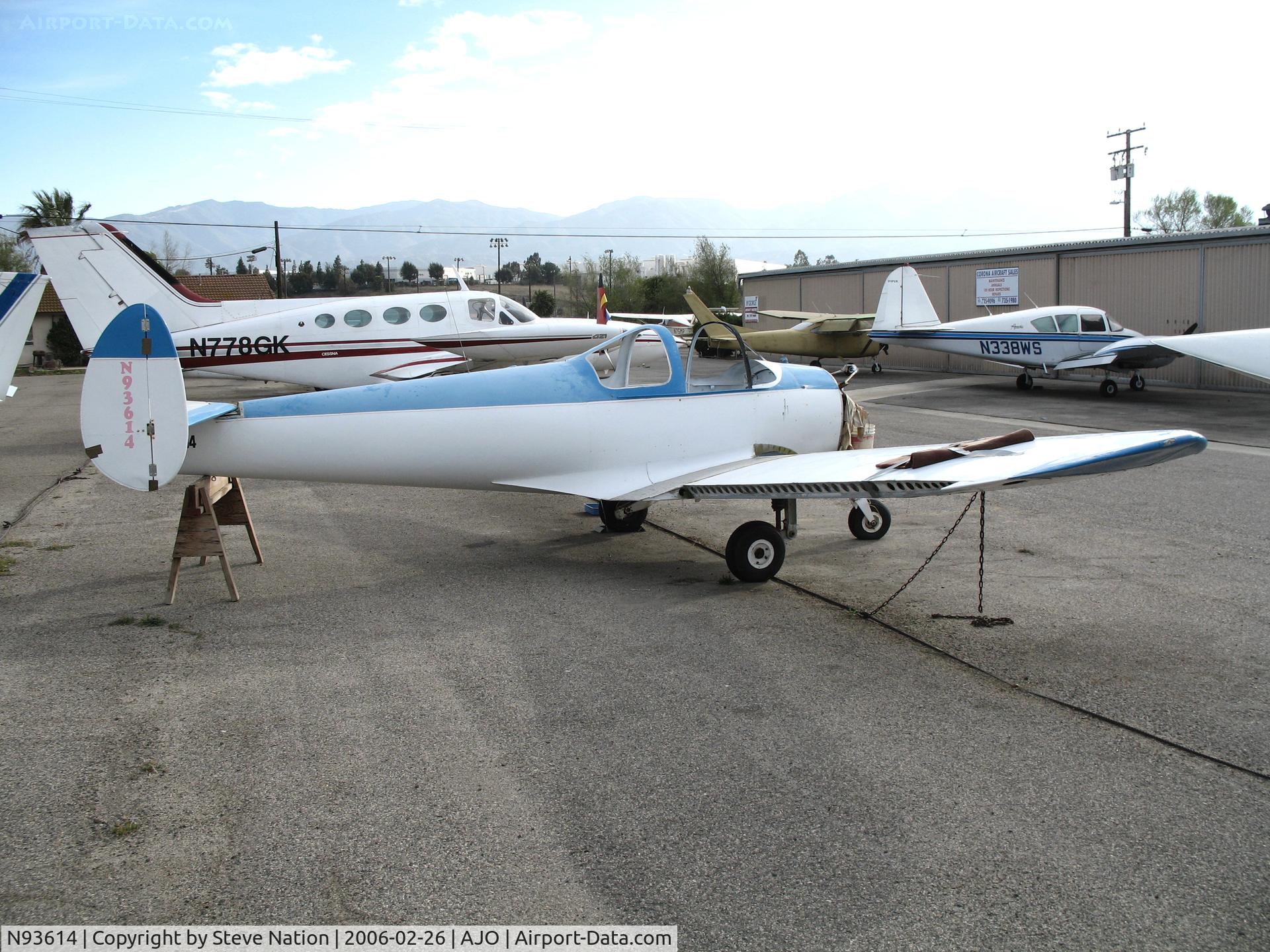 N93614, 1946 Erco 415C Ercoupe C/N 3465, 1946 Ercoupe 415-C minus engine (stbd side-N# on rudder) @ Corona Municipal Airport, CA