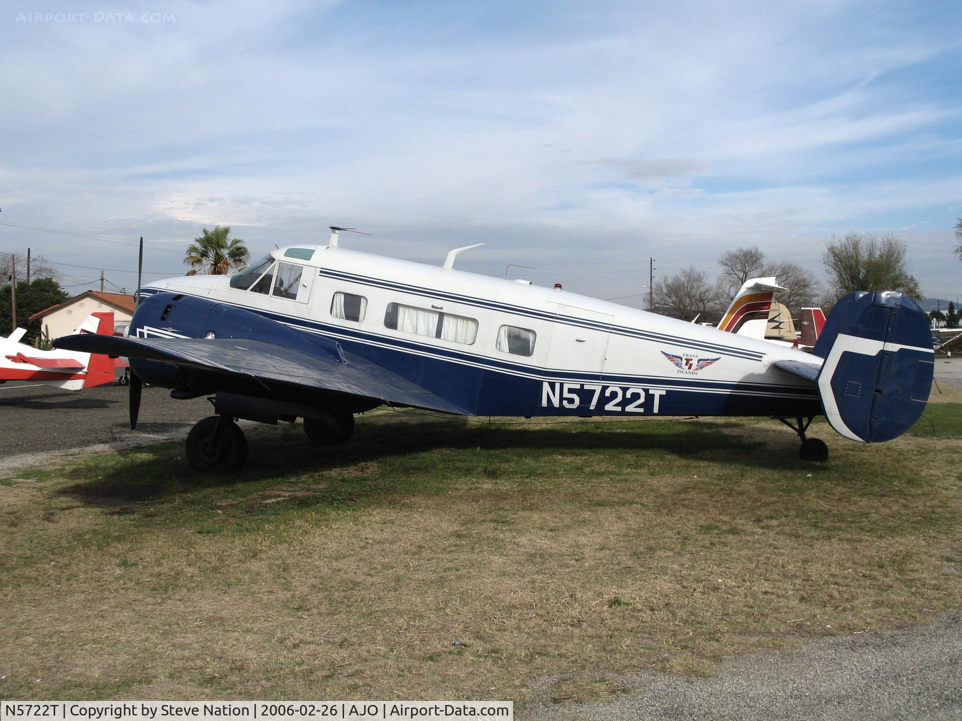N5722T, 1960 Beech G18S C/N BA-552, Trans Island (titles) 1960 Beech G18S @ Corona Municipal Airport, CA