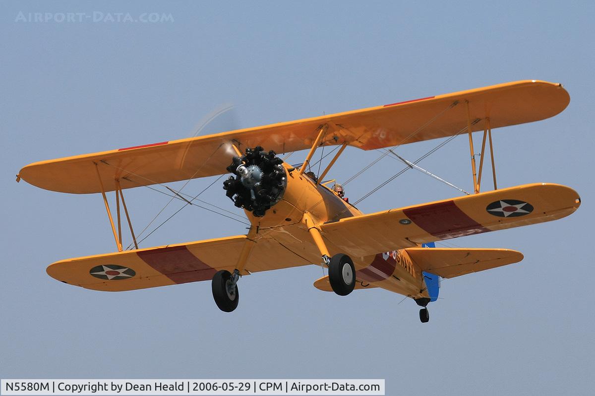 N5580M, 1943 Boeing B75N1 C/N 75-7755, 1943 Boeing Stearman B75N1 Trainer N5580M climbing out from RWY 25L at Compton Municipal Airport.