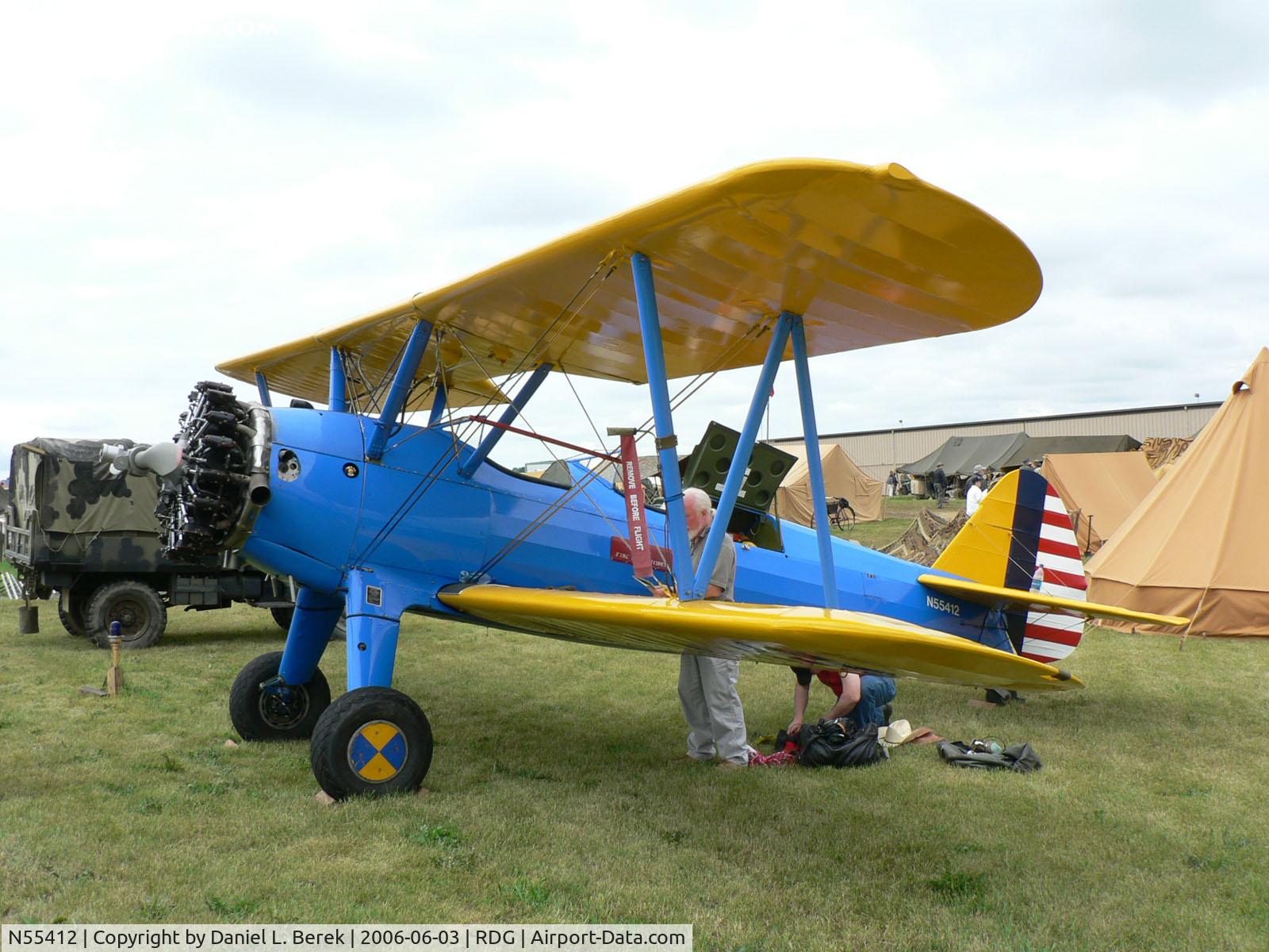 N55412, 1941 Boeing A75L300 C/N 75-1551, A blue and yellow Stearman is prepared for action.