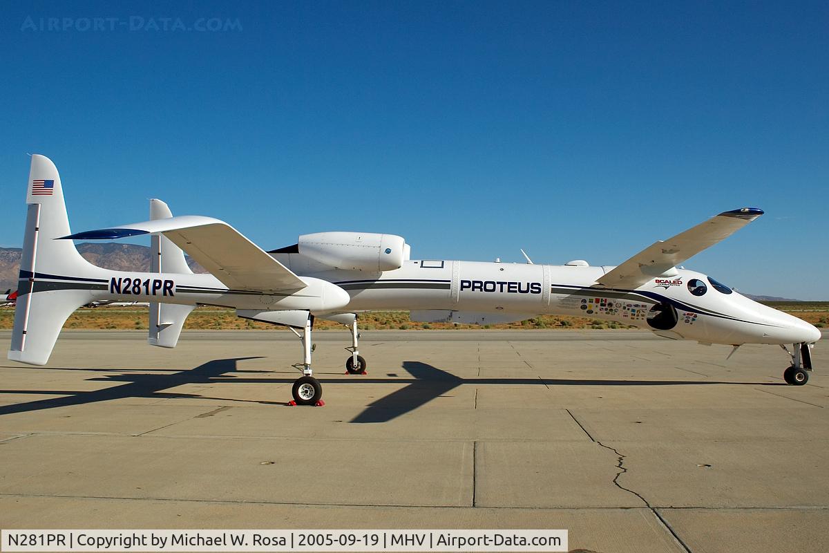 N281PR, 1998 Scaled Composites 281 C/N 001, Between all the scrap metal in Mojave, Scaled Composites makes some weird looking futuristic crafts. This is Proteus, a high altitude platform which can carry different types of payloads, mostly used for telecommunications and reconnaissance. Proteus can