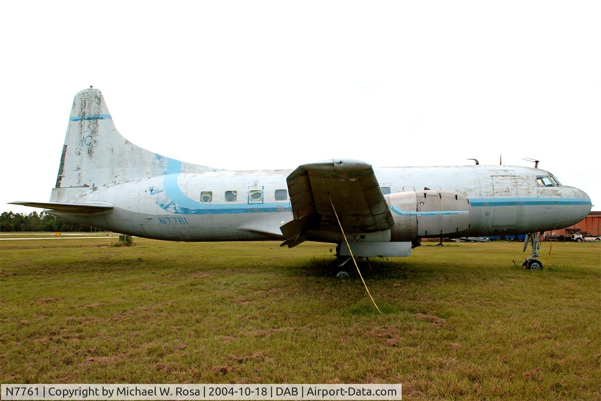 N7761, 1950 Convair 240-23 C/N 176, Sold to Confederate Air Force in december of 1977 after which Trans Florida Airlines took ownership of her. Now she sits on the TFA ramp tied down due to this summers hurricanes.