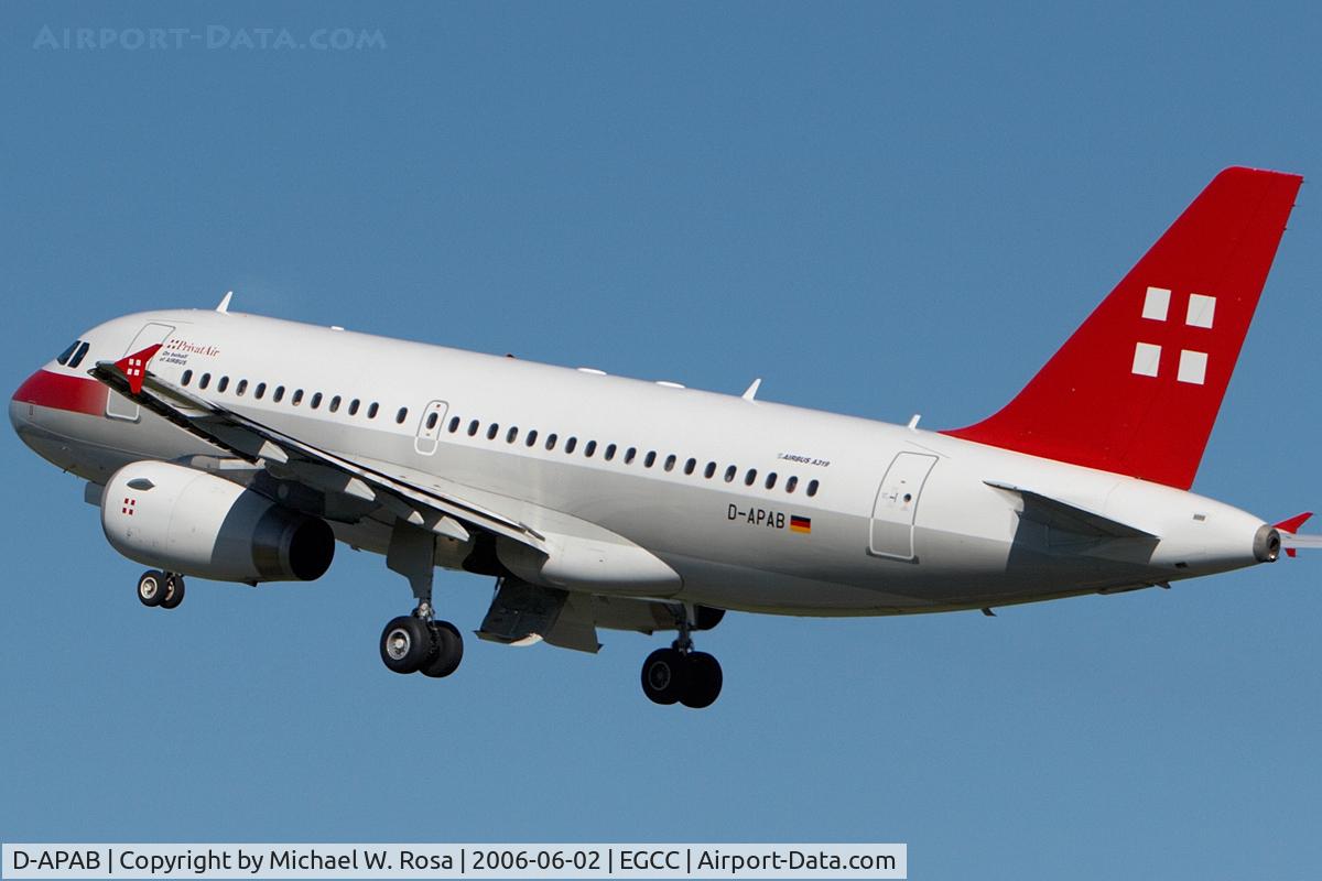 D-APAB, 2003 Airbus A319-132 C/N 1955, An 19:29h arrival at Ringway, about to touch down on runway 24R.