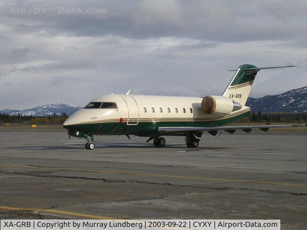 XA-GRB, 1998 Bombardier Challenger 604 (CL-600-2B16) C/N 5375, At Whitehorse on September 22, 2003. This aircraft is owned by Aerolineas de Tehuacan of Mexico.