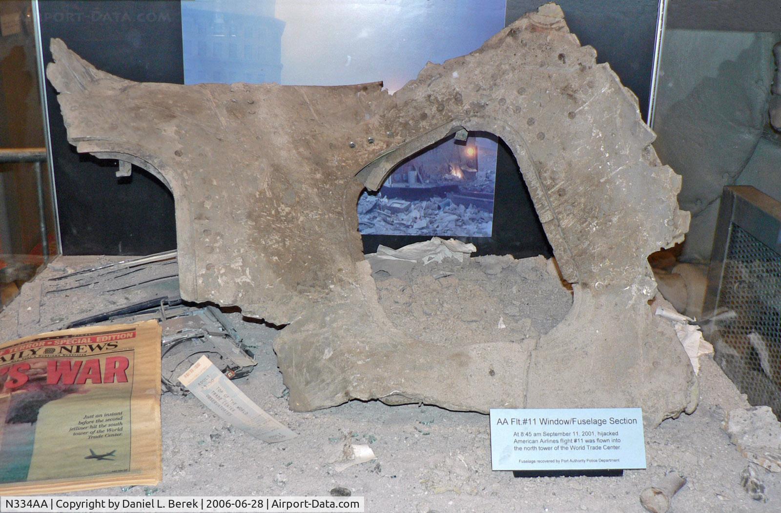 N334AA, 1956 Douglas DC-7 C/N 45106, This is one of the fragments, nearly all that remains of what was once N334AA; it is on display at the Intrepid Air-Sea-Space Museum in New York City.  This was the first of the four aircraft that terrorists crashed on that terrible day, Sept. 11, 2001.