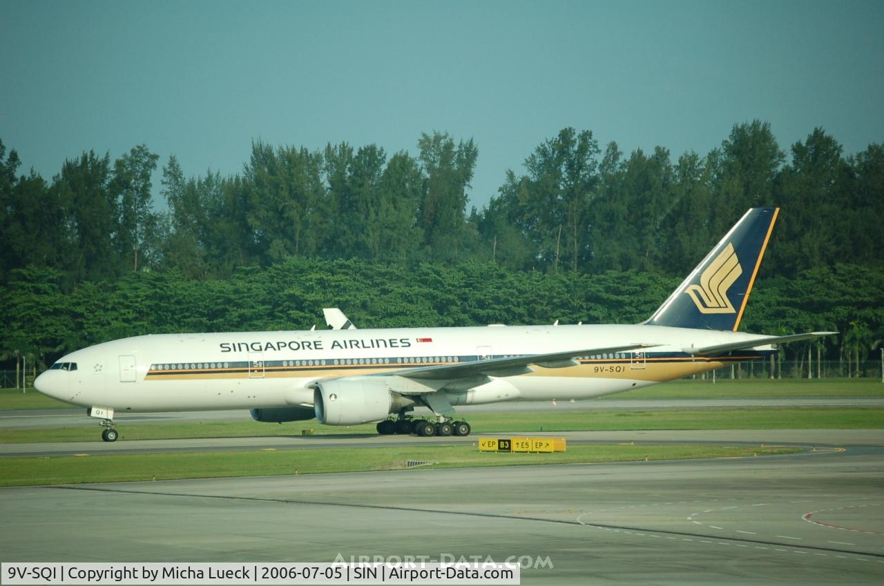 9V-SQI, 2002 Boeing 777-212/ER C/N 28530, Just arrived at Changi Airport, taxiing to the gate