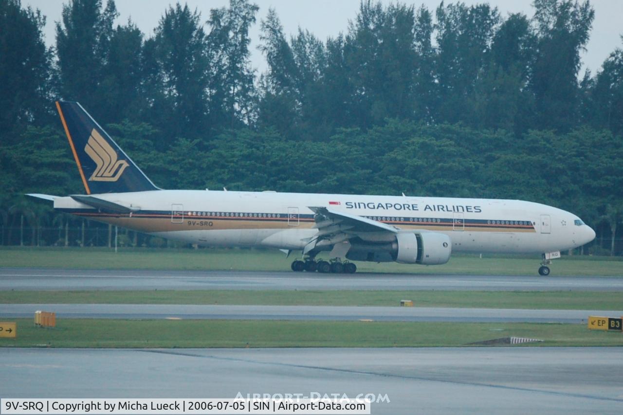 9V-SRQ, 2003 Boeing 777-212/ER C/N 33371, Just touched down at Changi - thrust reversers deployed