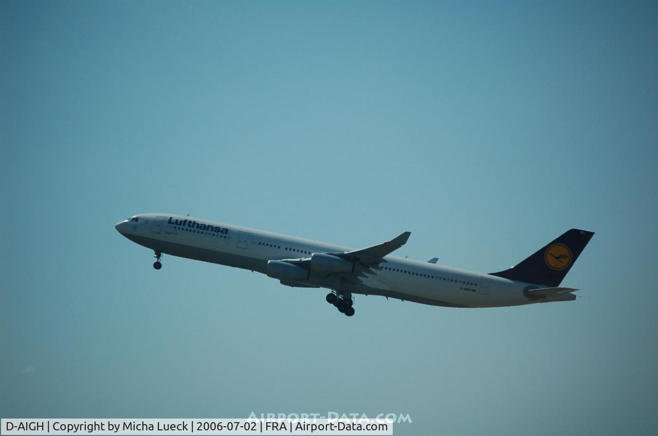 D-AIGH, 1994 Airbus A340-311 C/N 052, Climbing out of Frankfurt