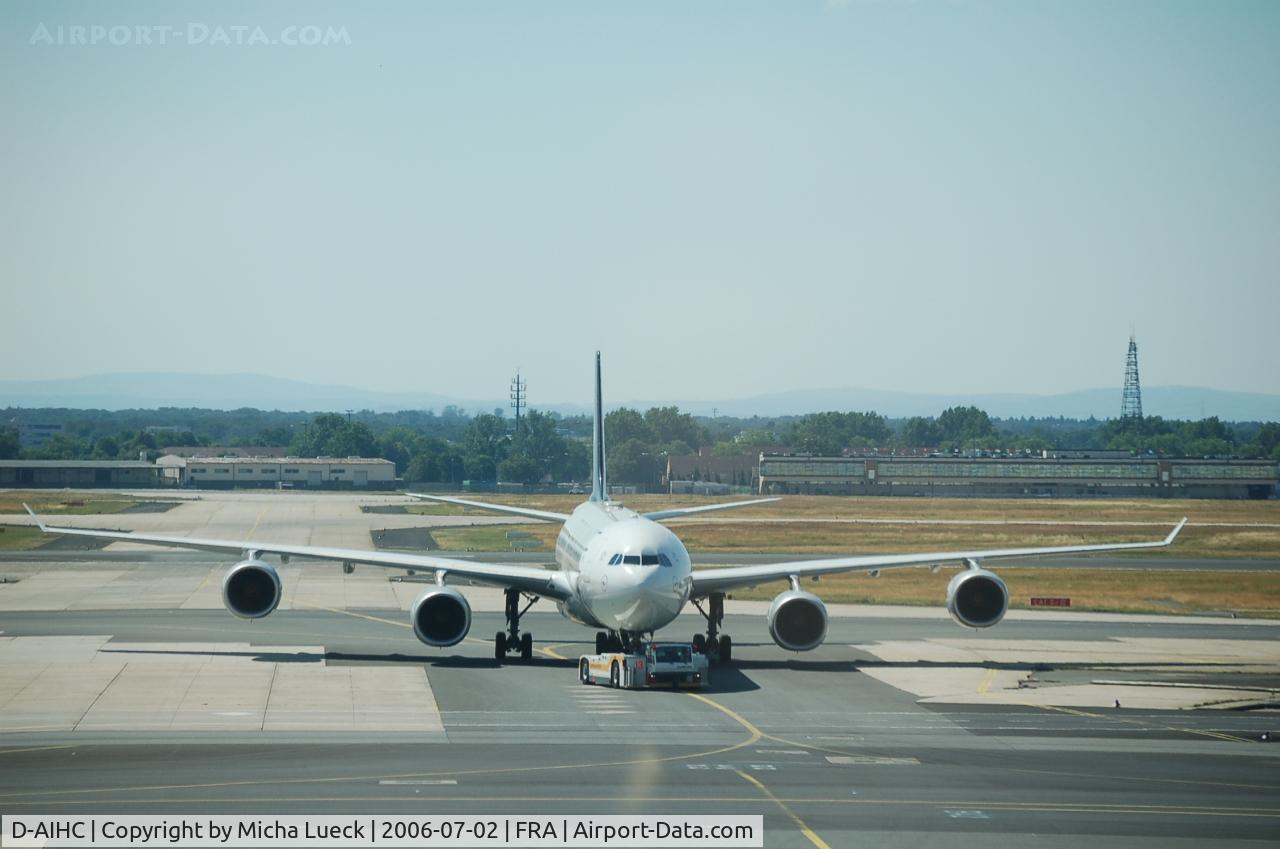 D-AIHC, 2003 Airbus A340-642 C/N 523, Being towed to the gate