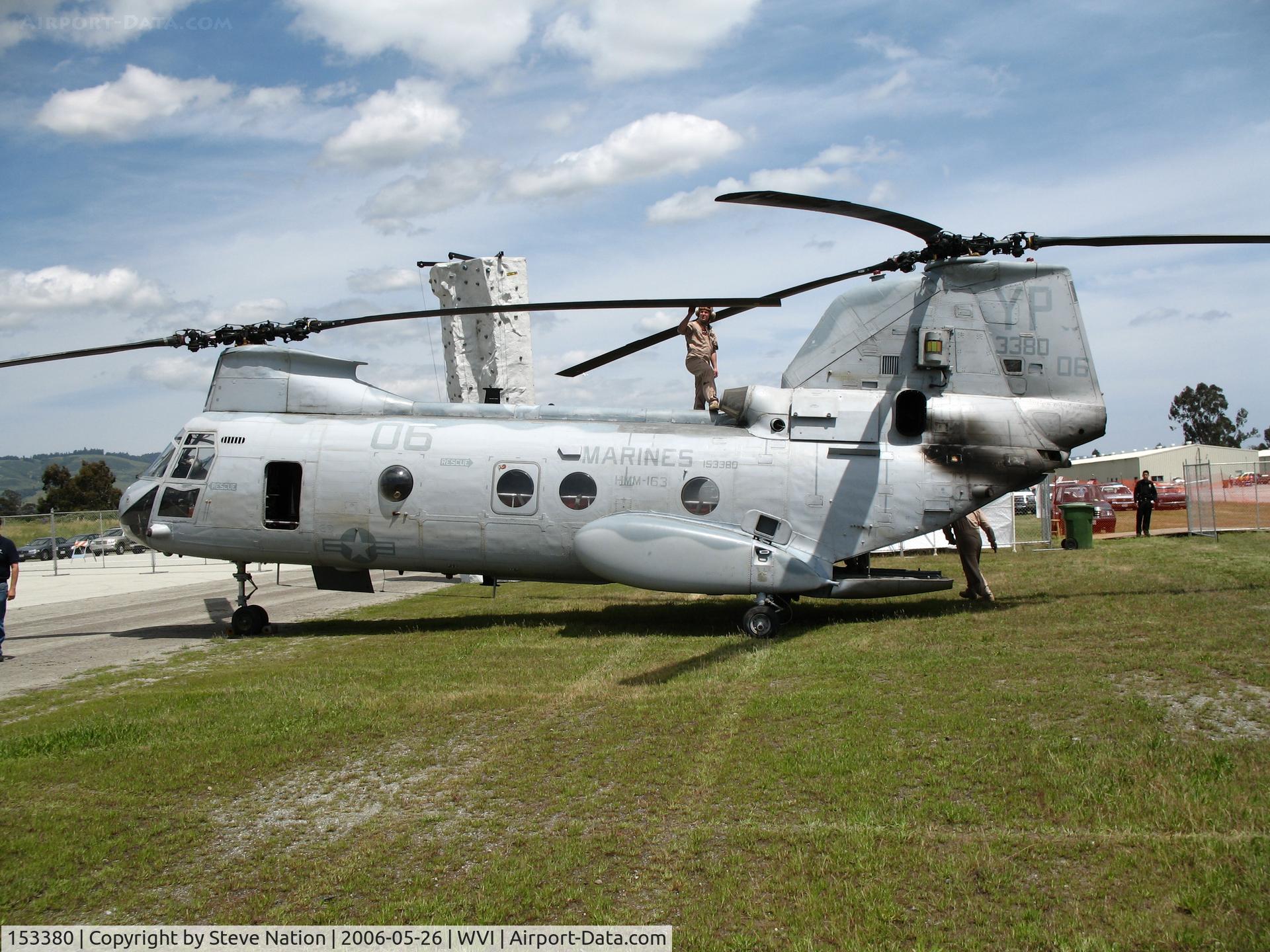 153380, Boeing Vertol CH-46E Sea Knight C/N 2278, CH-46F YP-06 of HMM-163 with missle warning system boxes @ Watsonville Municipal Airport, CA