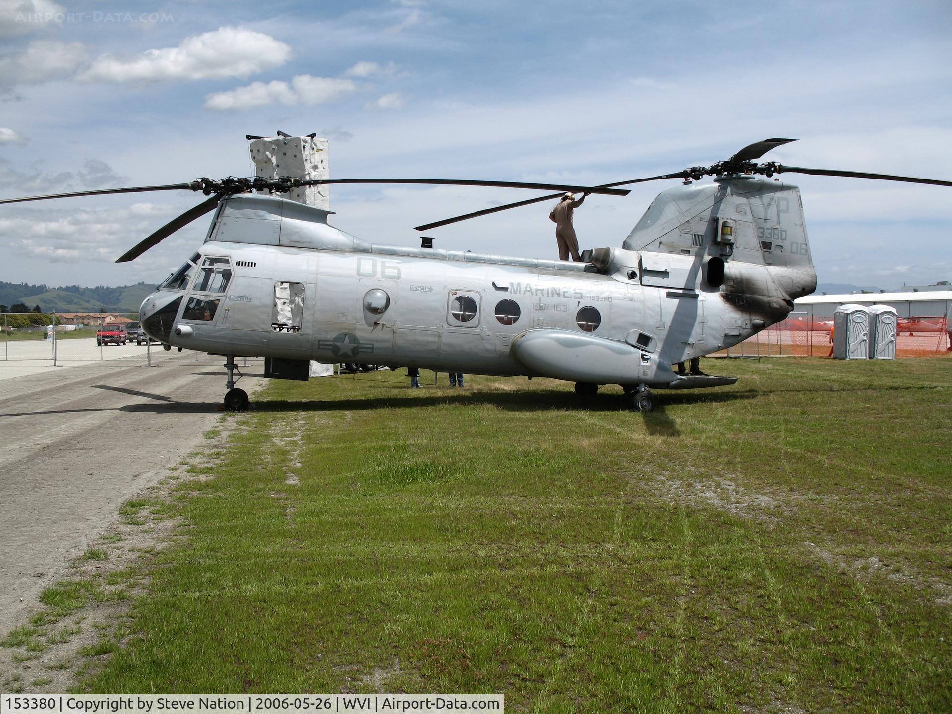 153380, Boeing Vertol CH-46E Sea Knight C/N 2278, CH-46F YP-06 of HMM-163 with missle warning system boxes @ Watsonville Municipal Airport, CA