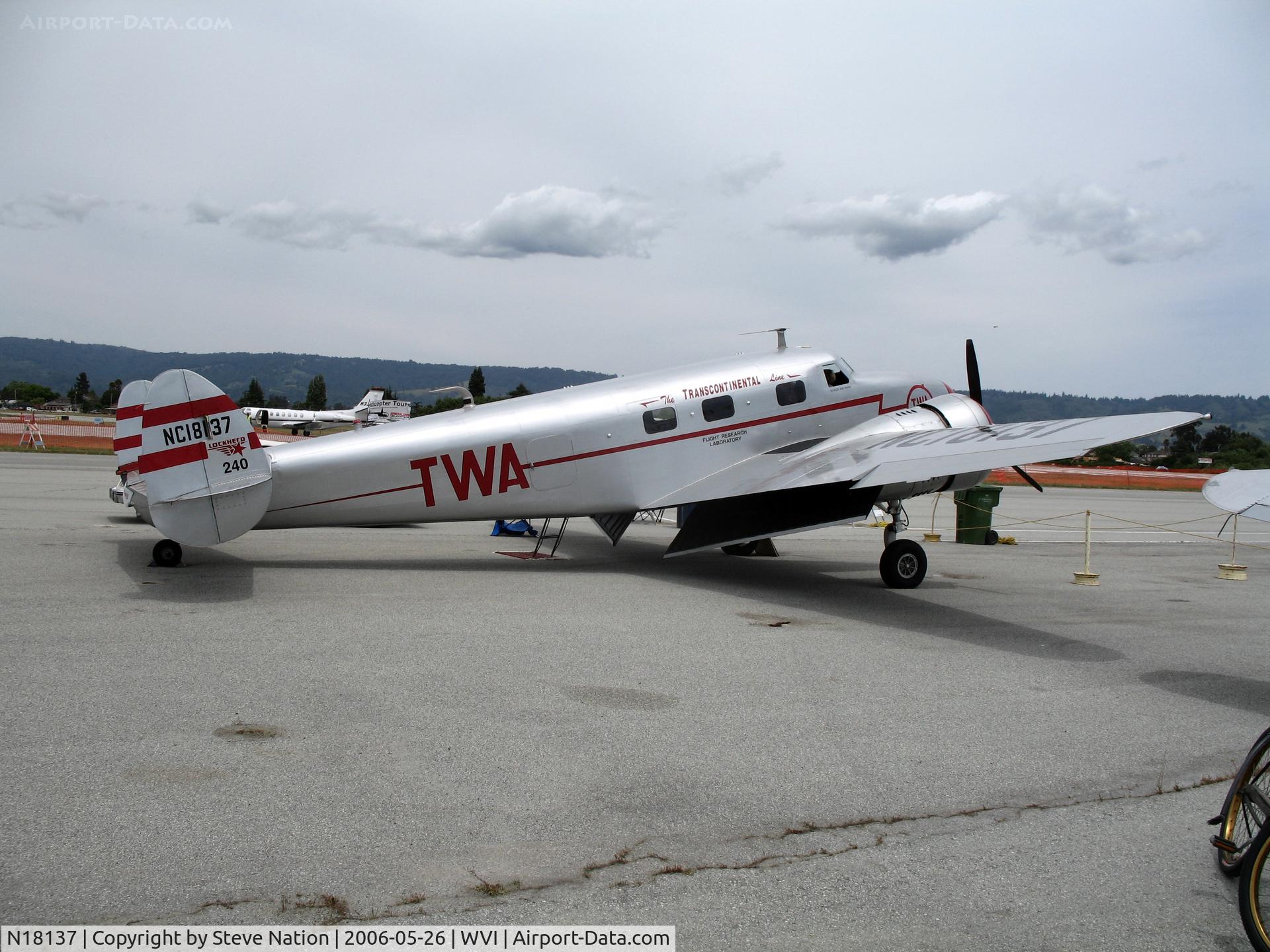 N18137, 1937 Lockheed 12A Electra Junior C/N 1229, 1937 Lockeed Electra 12A in TWA/The Transcontinental Line Flight Research colors @ Watsonville Municipal Airport, CA