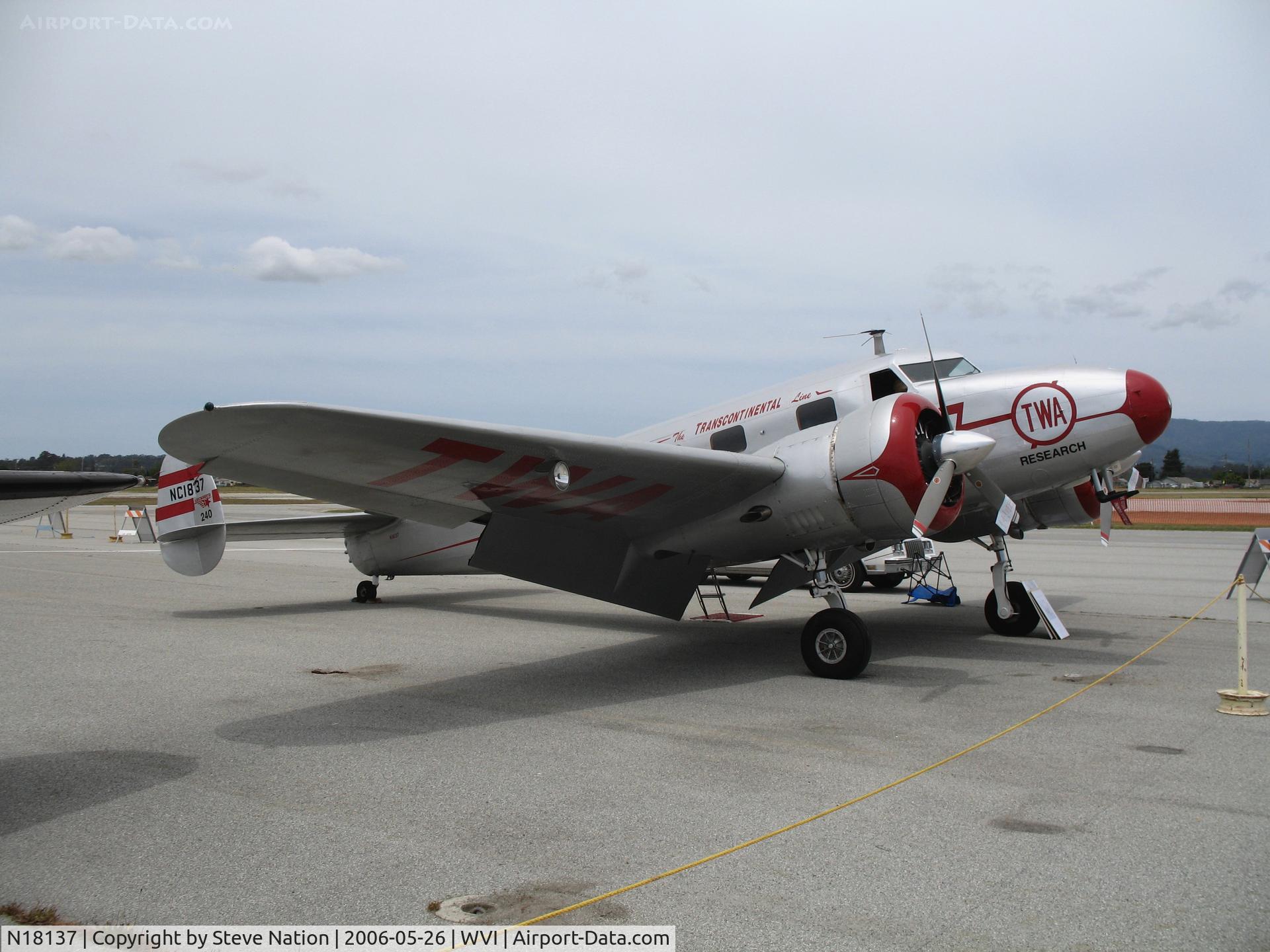 N18137, 1937 Lockheed 12A Electra Junior C/N 1229, 1937 Lockeed Electra 12A in TWA/The Transcontinental Line Flight Research colors @ Watsonville Municipal Airport, CA