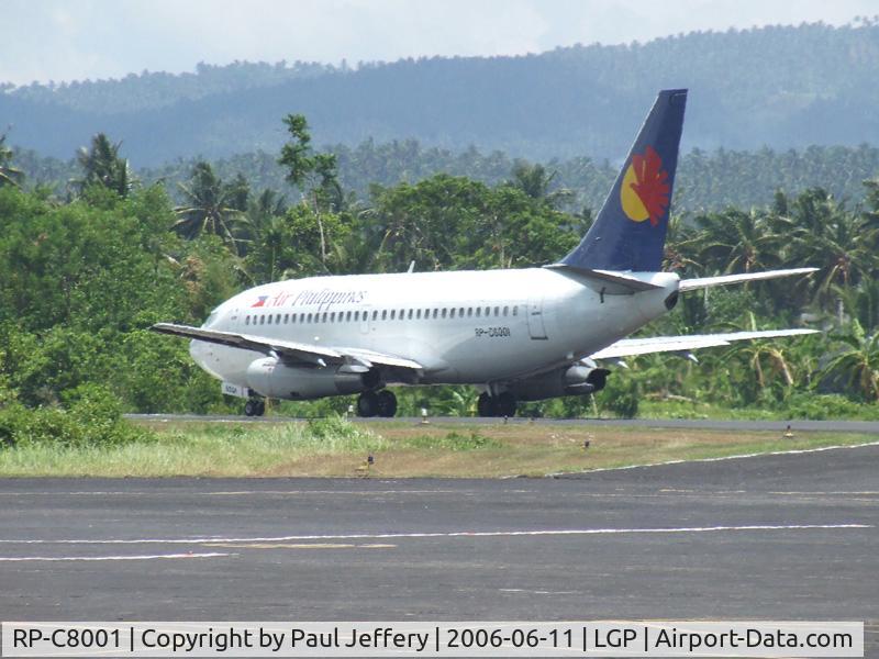 RP-C8001, 1983 Boeing 737-2B7 C/N 23116, RP-C 8001 at end of runway, about to turn for take off roll, from Legaspi Airport, Albay, South Luzon, Philippines, on flight 2P 015 to Cebu City. 11 June 2006.