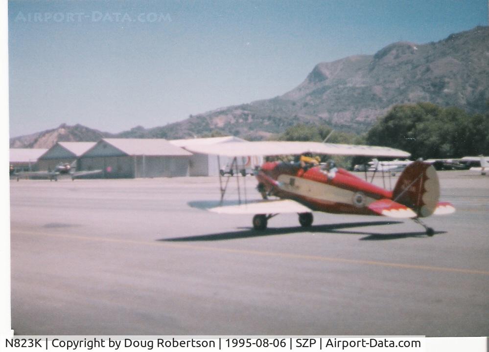 N823K, 1993 Great Lakes 2T-1A Sport Trainer C/N 1020, 1993 Al Ball's Great Lakes 2T-1AK as NC823K, Kinner R56 160 Hp modified for fuel injection, taxi to Runway 22. Scanned from old 1995 print.