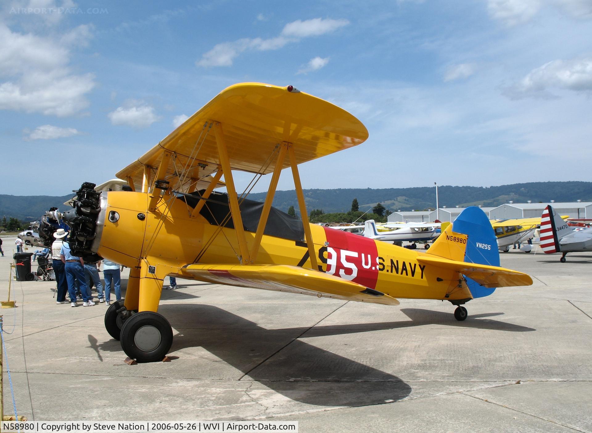 N58980, Boeing E75 C/N 75-5800, 1941 Boeing E75 in US Navy colors @ fly-in Watsonville, CA.  Sustained substantial damage on August 25, 2006 when acft lost power and pilot made forced landing nr. Morgan Hill, CA.