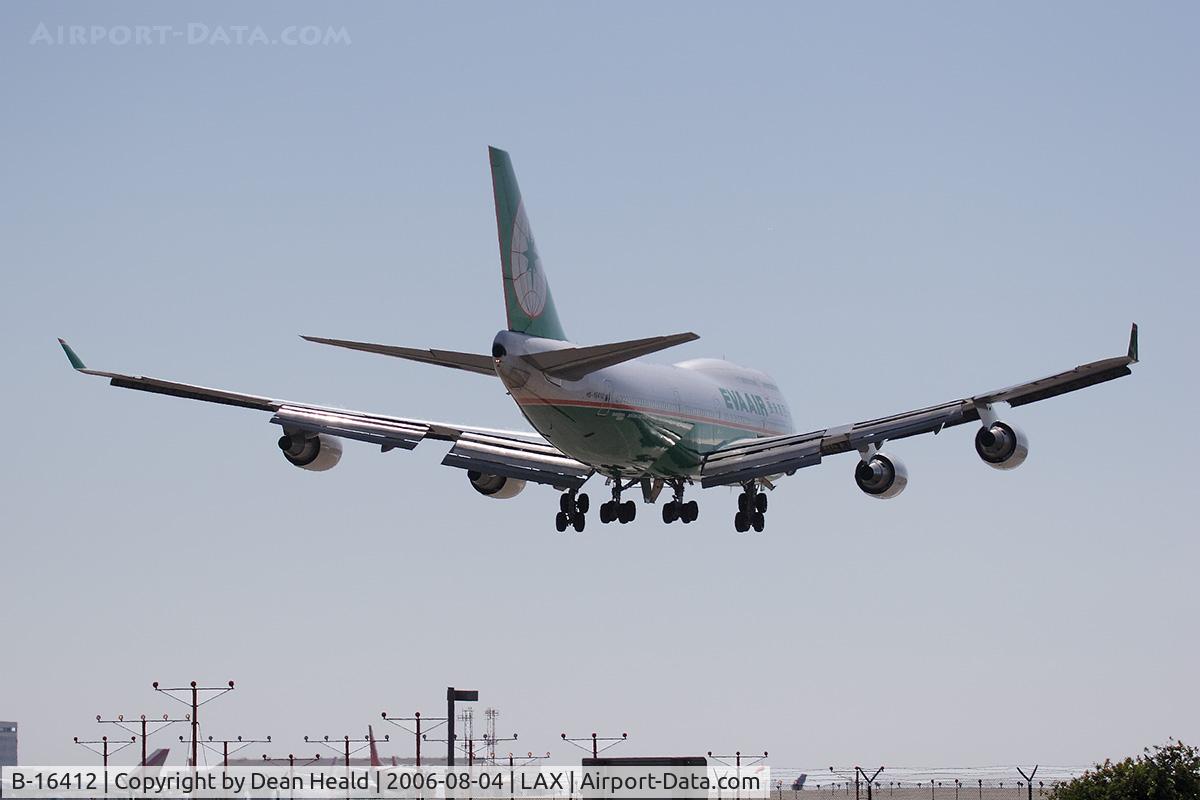 B-16412, Boeing 747-45E C/N 29112, EVA Air B-16412 (FLT EVA12) from Taipei, Taiwan - Chiang Kai Shek Int'l (RCTP) seconds from touchdown on RWY 24R.