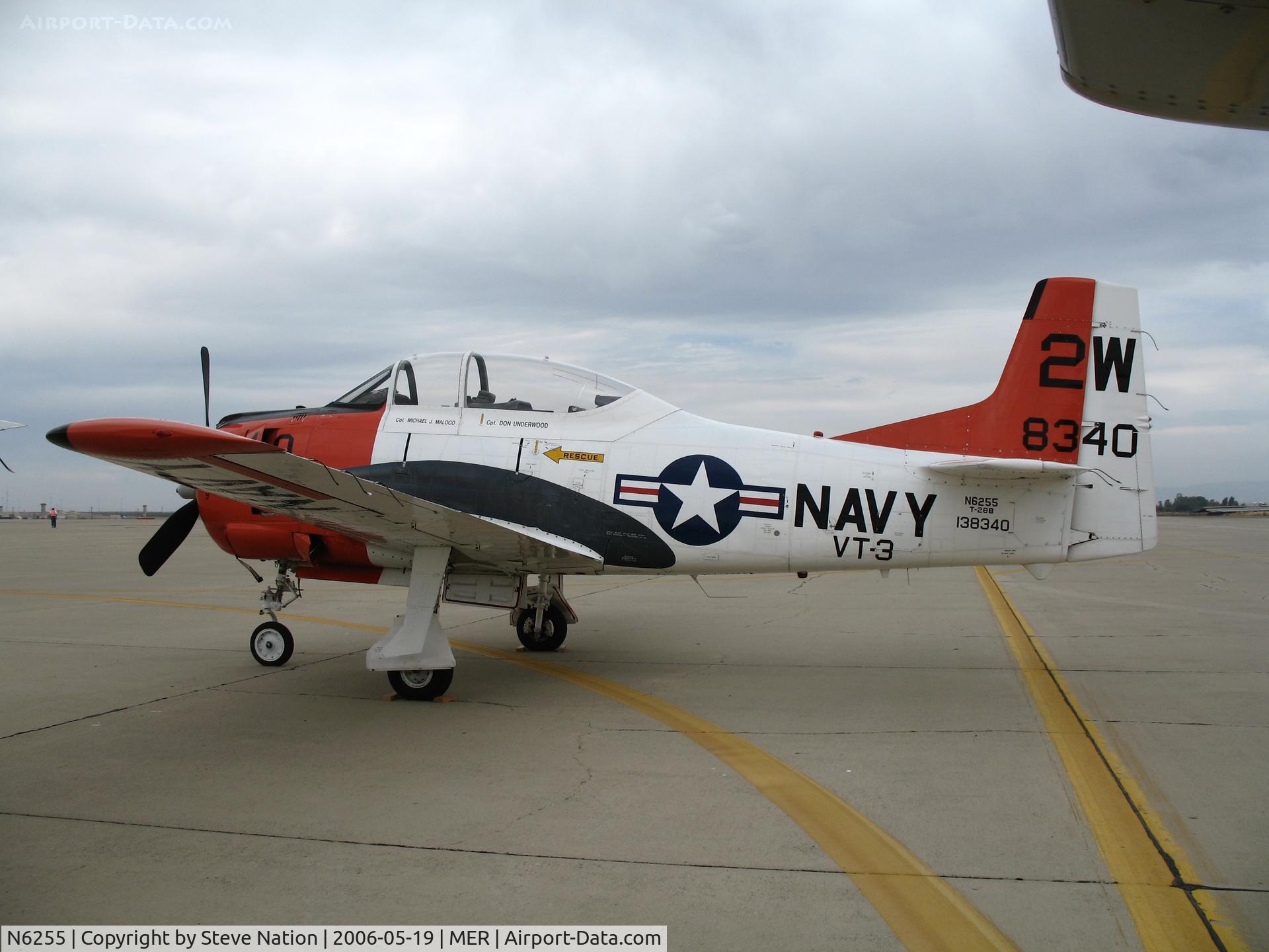N6255, 1955 North American T-28B Trojan C/N 200-411, North American T-28B 2W/340 BuAer 138340 in poor weather @ Castle AFB, CA