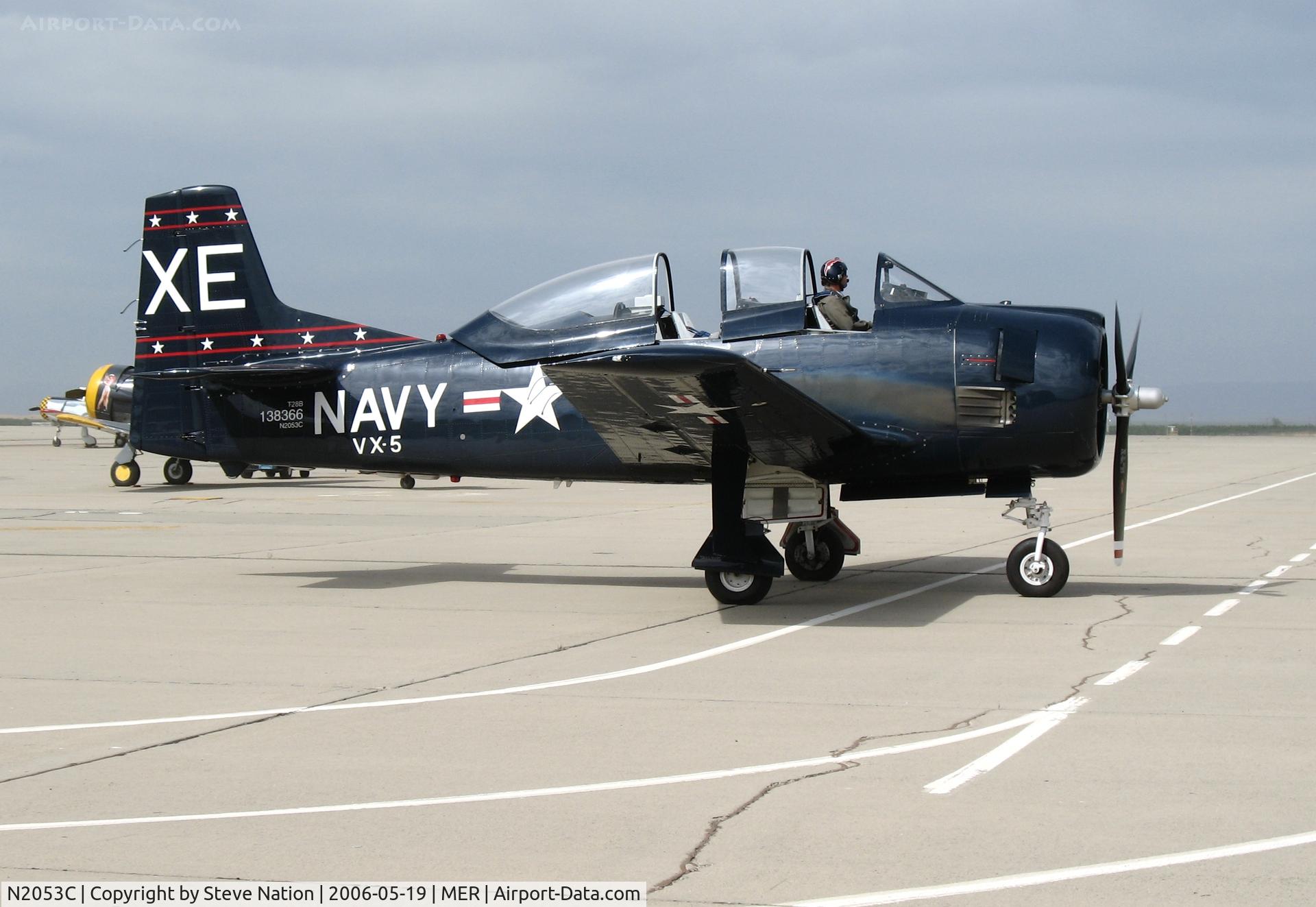 N2053C, 1953 North American T-28B Trojan C/N 200-437 (138366), North American T-28B BuAer 138366 in VX-5 XE/- markings taxying in for West Coast Formation Clinic weekend @ Castle AFB, CA