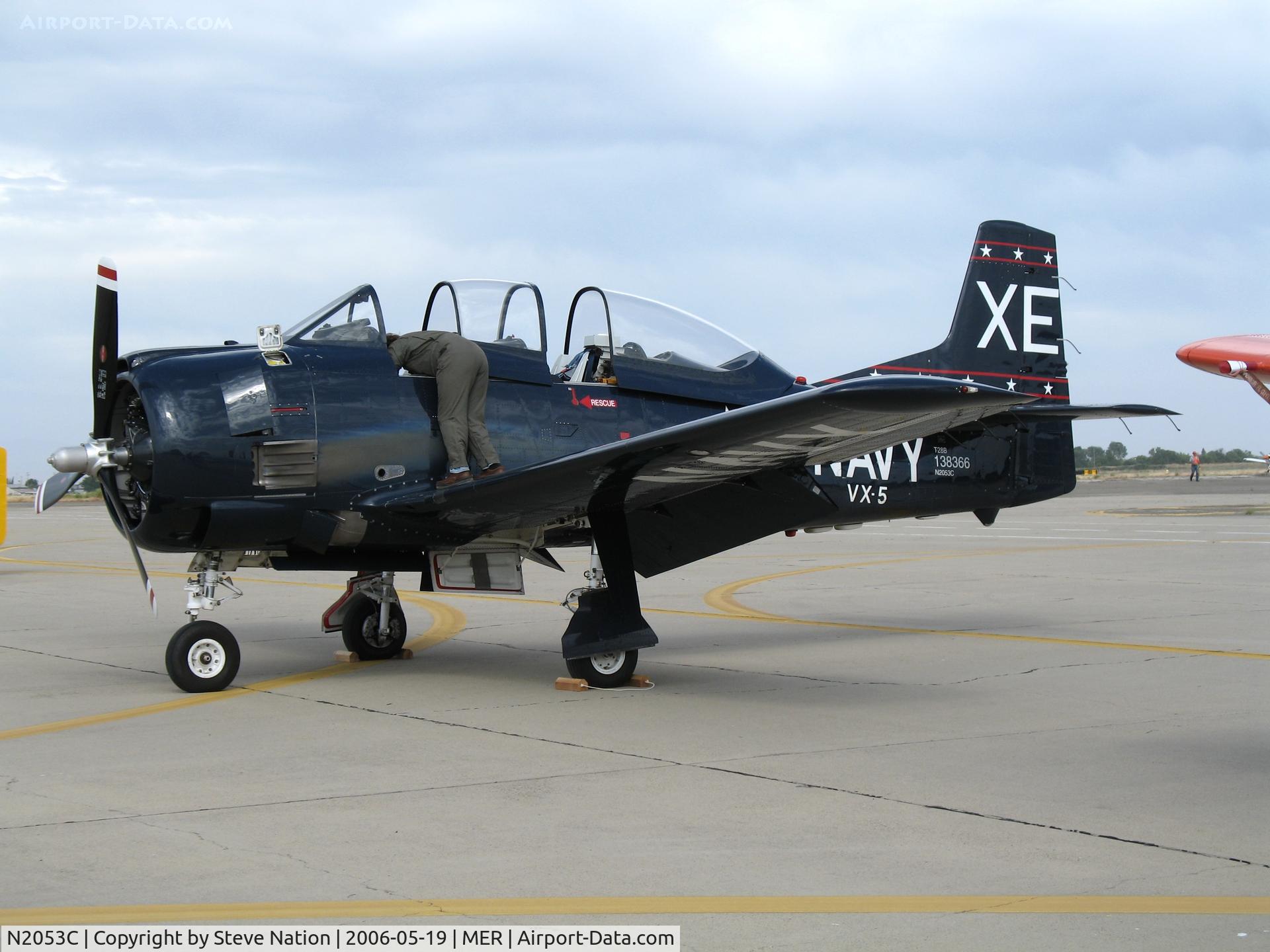 N2053C, 1953 North American T-28B Trojan C/N 200-437 (138366), North American T-28B BuAer 138366 in VX-5 XE/- markings in for West Coast Formation Clinic weekend @ Castle AFB, CA