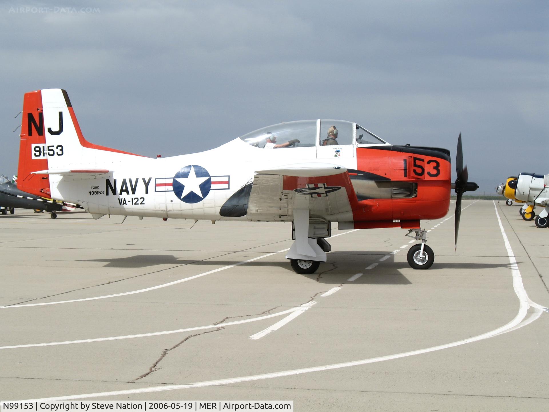 N99153, 1952 North American T-28C Trojan Trojan C/N 226-93, North American T-28C BuAer 139153 in VA-122 NJ/153 markings arriving for West Coast Formation Clinic weekend @ Castle AFB, CA