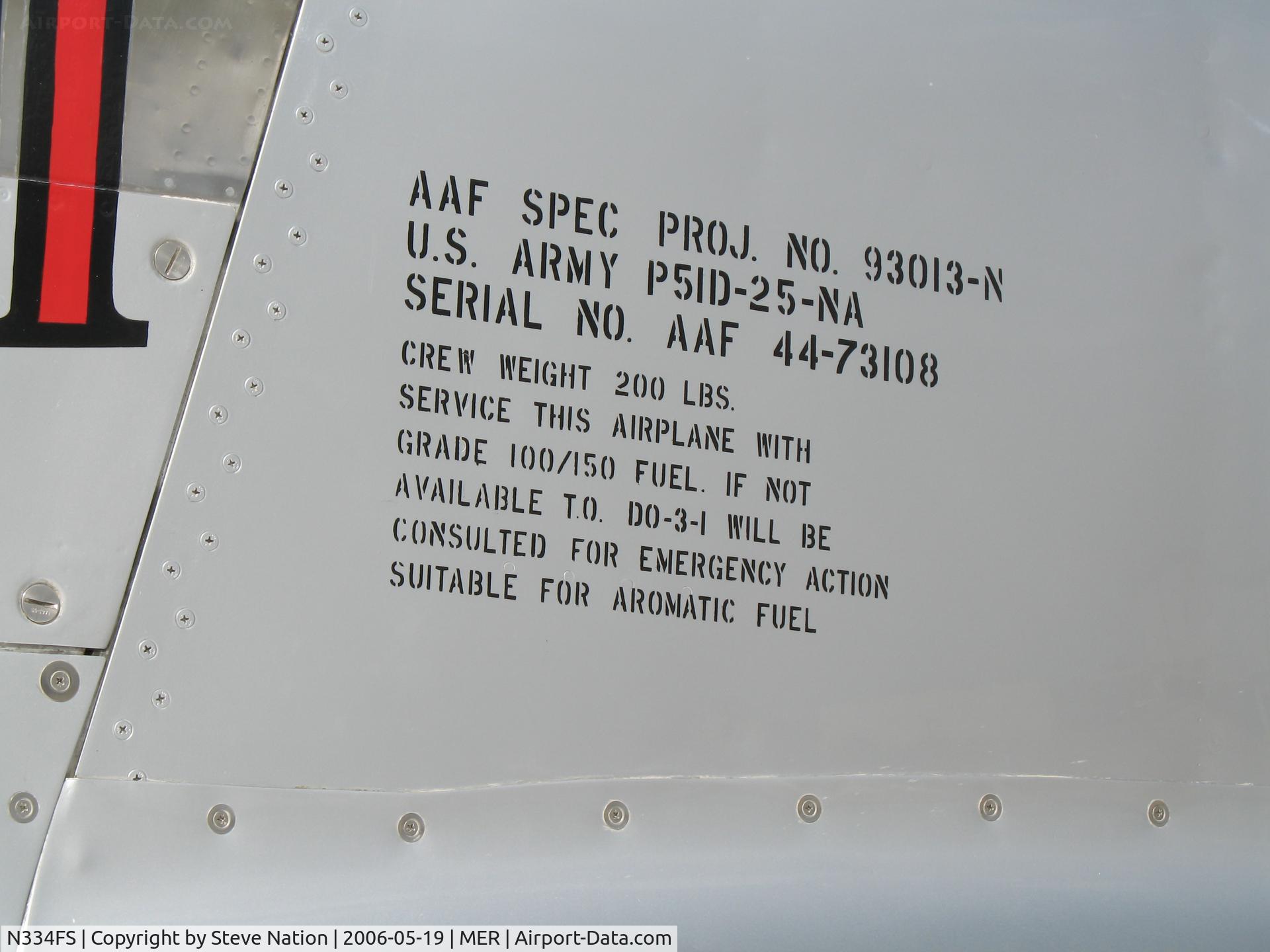 N334FS, 1944 North American P-51D Mustang C/N 122-39366 (44-72907), False data plate as 44-73108 (really 44-72907) at West Coast Formation Clinic weekend @ Castle AFB, CA