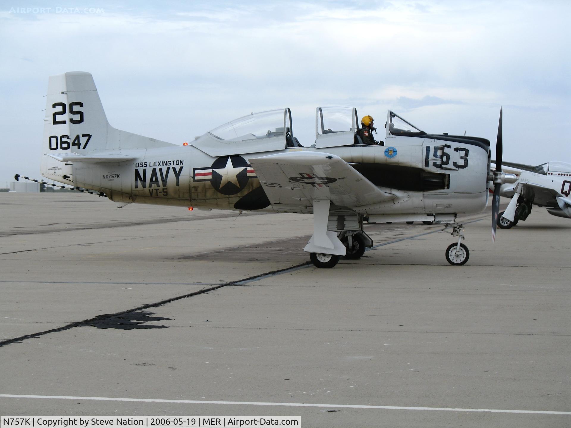 N757K, 1954 North American T-28C Trojan C/N 226-224 (140647), North American T-28C BuAer 140647 painted as VT-5 2S-153 USS Lexington (as NX757K) arriving for West Coast Formation Clinic weekend @ Castle AFB, CA