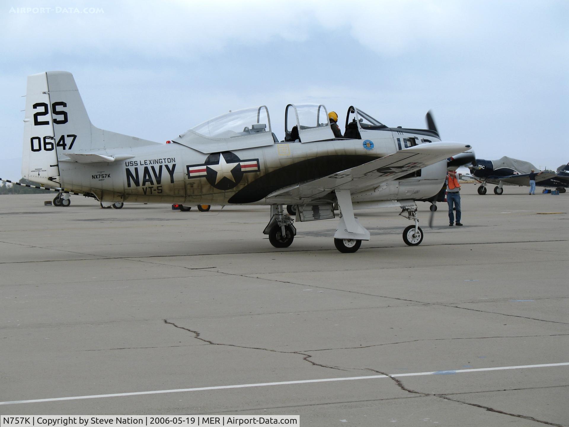 N757K, 1954 North American T-28C Trojan C/N 226-224 (140647), North American T-28C BuAer 140647 painted as VT-5 2S-153 USS Lexington (as NX757K) arriving for West Coast Formation Clinic weekend @ Castle AFB, CA