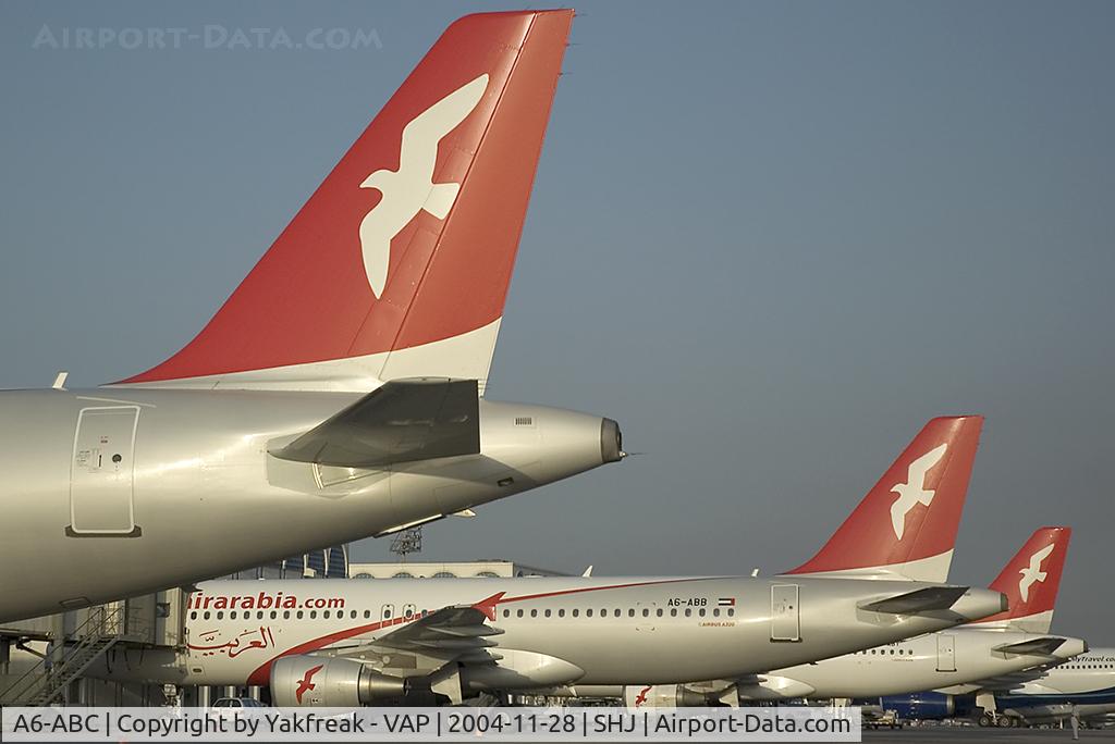 A6-ABC, 2004 Airbus A320-214 C/N 2278, 3 Air Arabia Airbus A320 nice tail line up