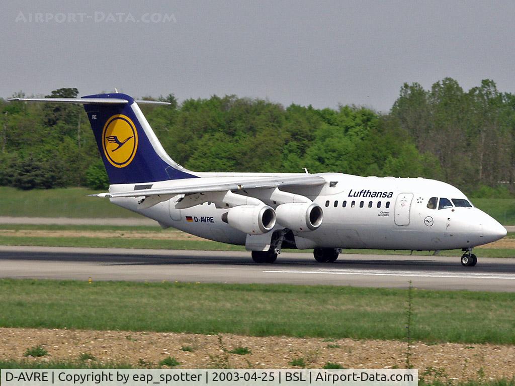 D-AVRE, 1995 British Aerospace Avro 146-RJ85 C/N E.2261, departing to FRA runway 16