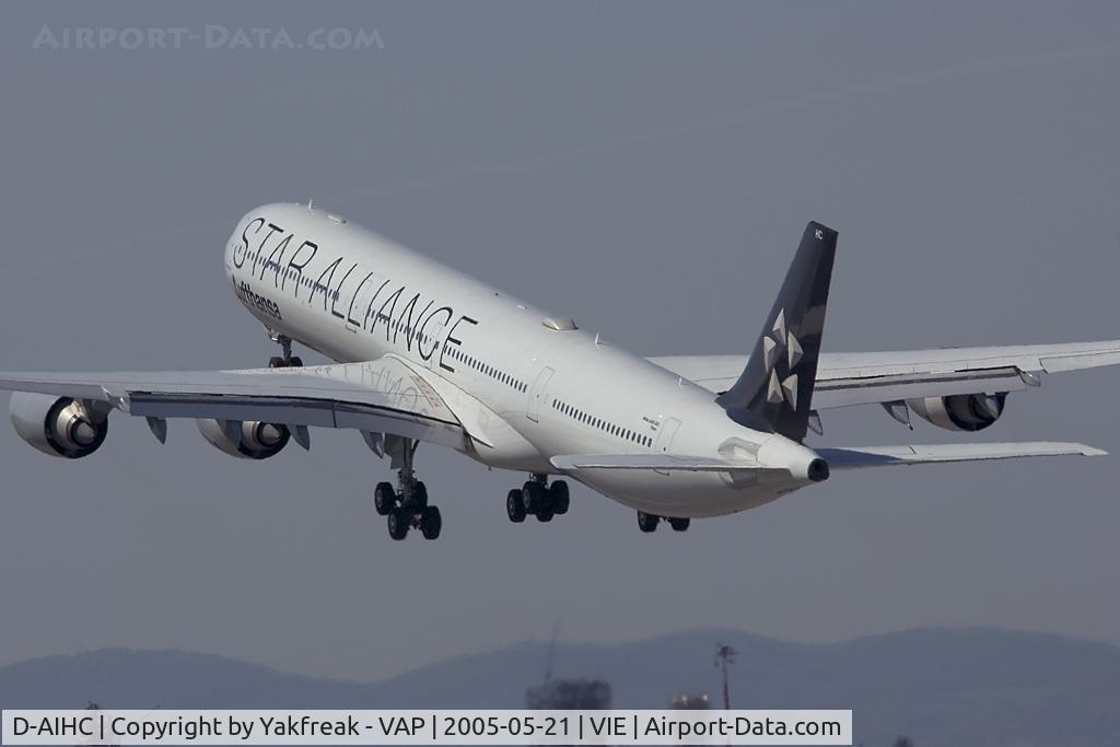 D-AIHC, 2003 Airbus A340-642 C/N 523, Lufthansa A340-600 taking off at VIE