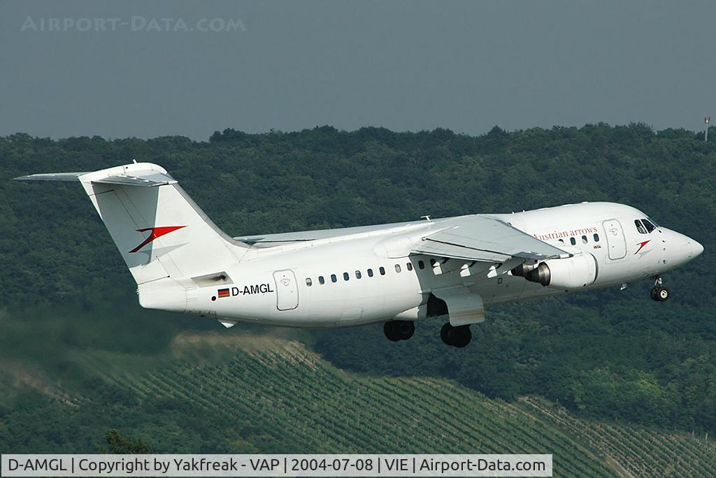 D-AMGL, 1986 British Aerospace BAe.146-200 C/N E2055, Austrian Arrows Bae 146-200 taking off on RWY 16