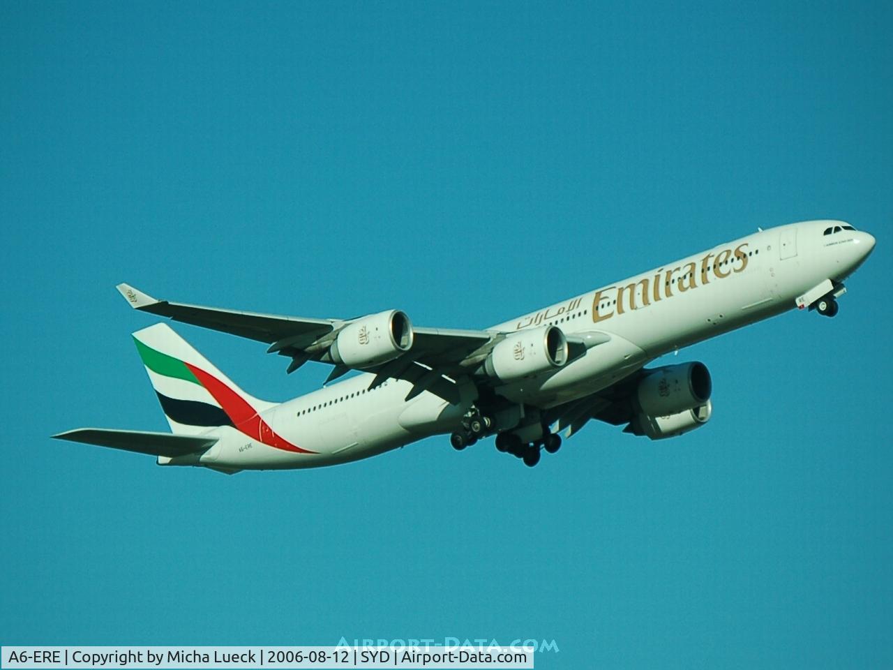 A6-ERE, 2004 Airbus A340-541 C/N 572, Climbing out of Sydney