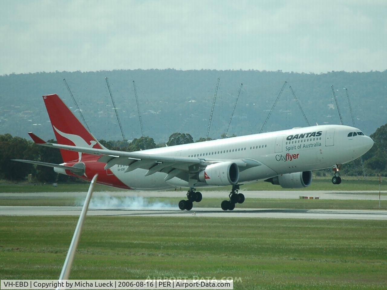 VH-EBD, 2003 Airbus A330-201 C/N 0513, Burning rubber in Perth