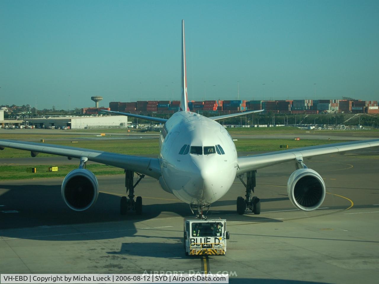 VH-EBD, 2003 Airbus A330-201 C/N 0513, Being towed to the gate in Sydney