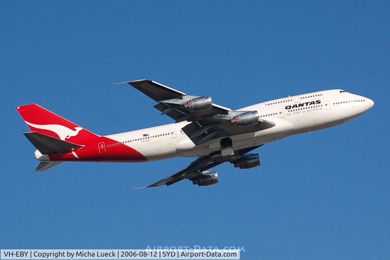 VH-EBY, 1987 Boeing 747-338 C/N 23823, Climbing out of Sydney