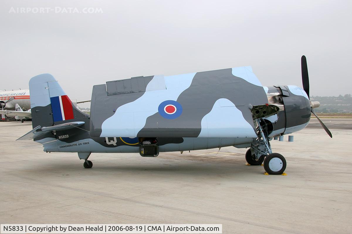 N5833, 1945 General Motors (Grumman) FM-2 Wildcat C/N 5833, Commemorative Air Force Grumman FM-2 Wildcat shown with wings folded after being towed out of the CAF hangar at the 2006 EAA Camarillo Airshow.