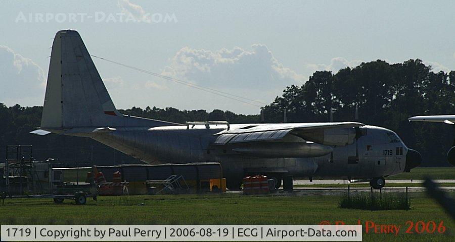 1719, 1986 Lockheed HC-130H Hercules C/N 382-5107, Backlit, a shiny unpainted Herc