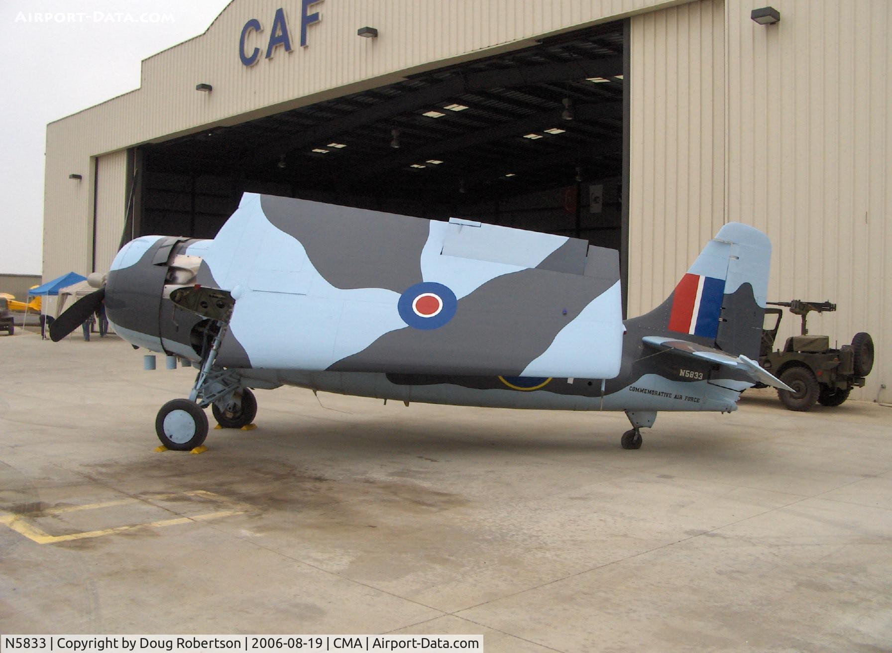 N5833, 1945 General Motors (Grumman) FM-2 Wildcat C/N 5833, 1986 Nichols Eastern Aircraft Div. of GEneral Motors FM-2 WILDCAT, Wright Cyclone R-1820-56 9 cylinder radial 1,350 Hp