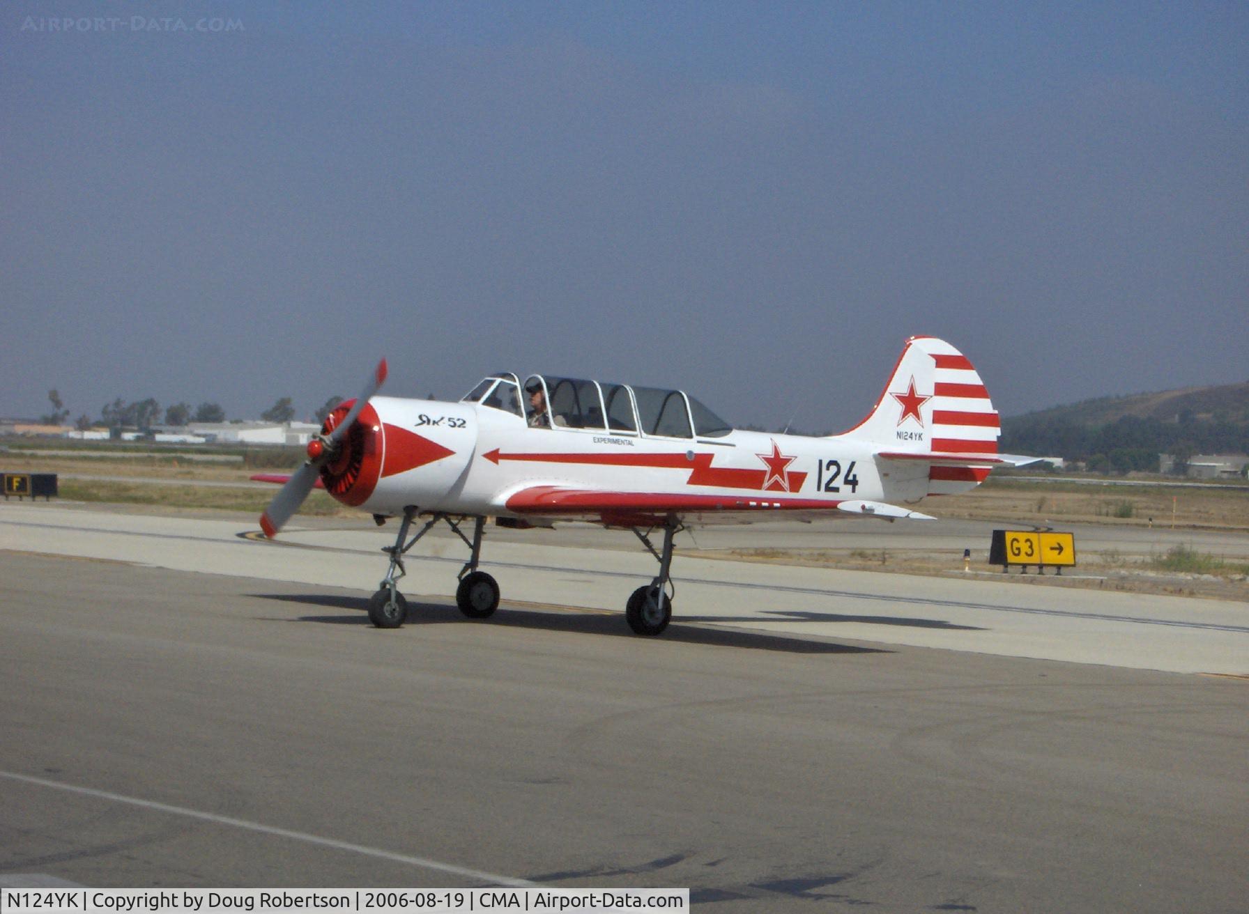 N124YK, 1984 Yakovlev Yak-52 C/N 844804, 1984 Intreprinderea de Avioane Bacau-Romania (Yakovlev) YAK 52, Vedeneev MP-14P 9 cylinder 360 Hp radial, taxi shutdown