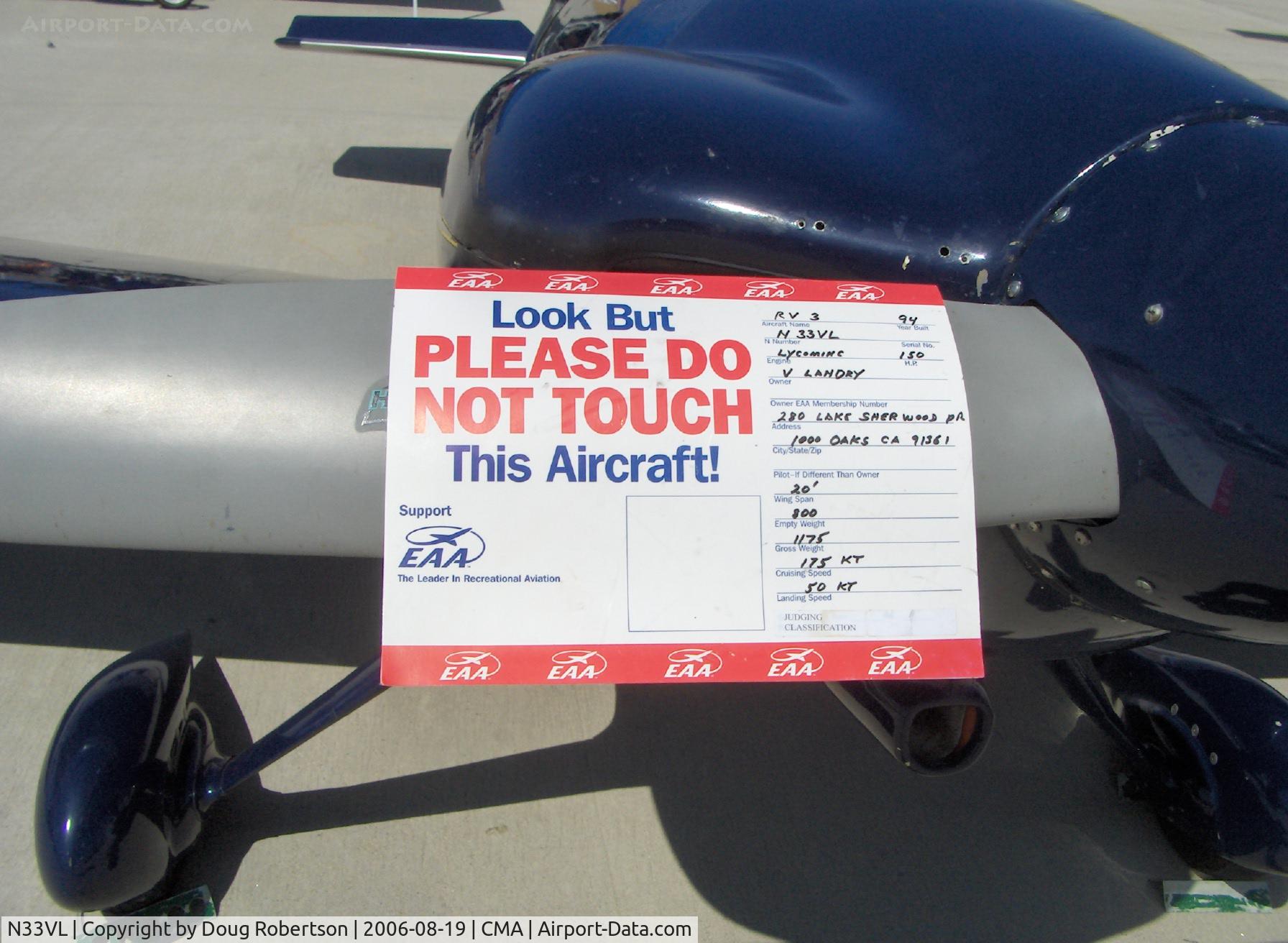 N33VL, 1994 Vans RV-3 C/N 11043, 1994 Landry VAN'S RV-3, Lycoming O-320 150 Hp